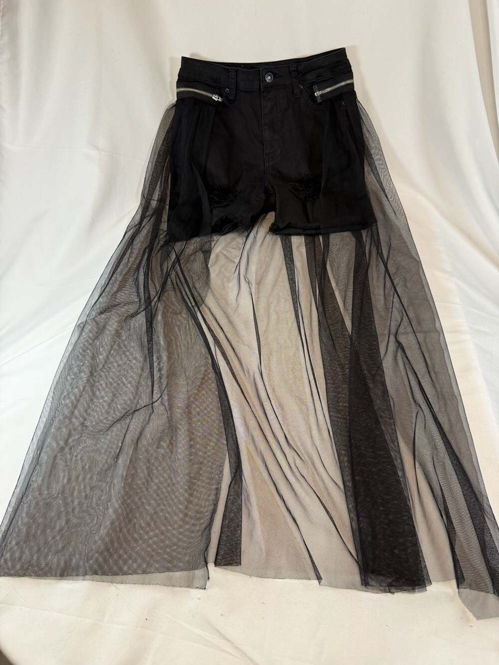 Akira Womens Black Distressed Denim Shorts With Sheer Mesh Maxi Overlay Skirt Wh